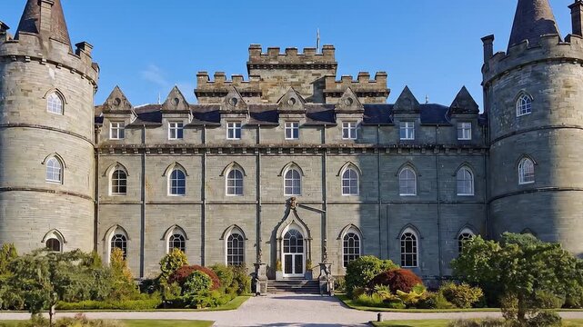 Historic Scottish castle with conical turrets and manicured gardens