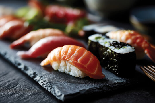 An enticing collection of sushi arranged artfully on a slate board, emphasizing the freshness of ingredients along with detail in presentation and habitual culinary practices.