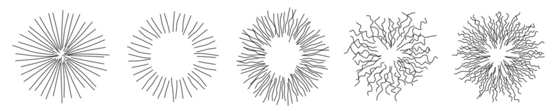 Set of fraphic bw doodle burst icons of fireworks in hand drawn style. Straight and curved radial lines making circular shapes. Vector illustration of explosion, plasma ball or pompon.