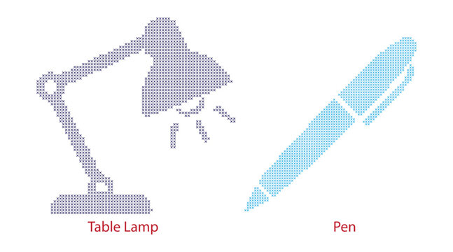 Cross stitch vector pattern of a table lamp and a pen