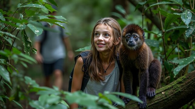 A woman standing next to a monkey on a tree branch