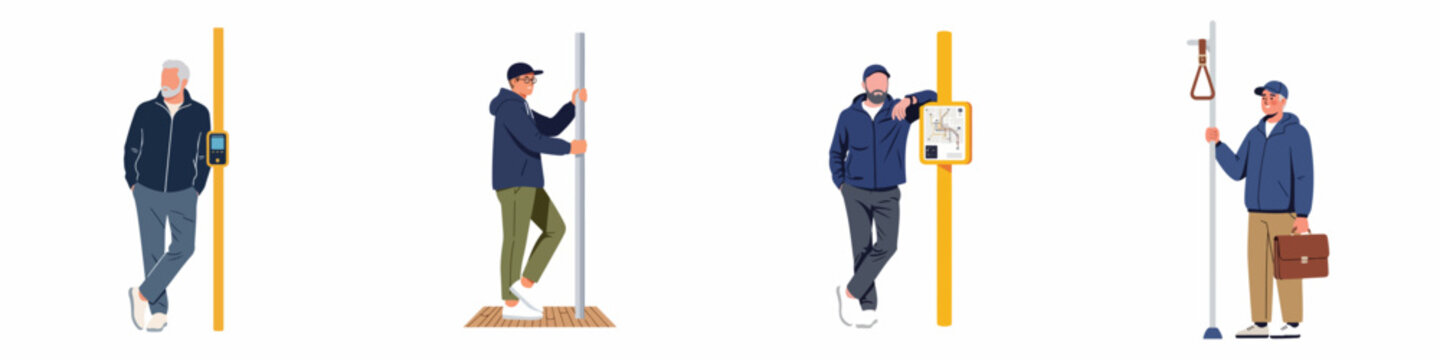 Set of diverse men standing and holding onto poles in public transportation, subway or bus, isolated on white background.