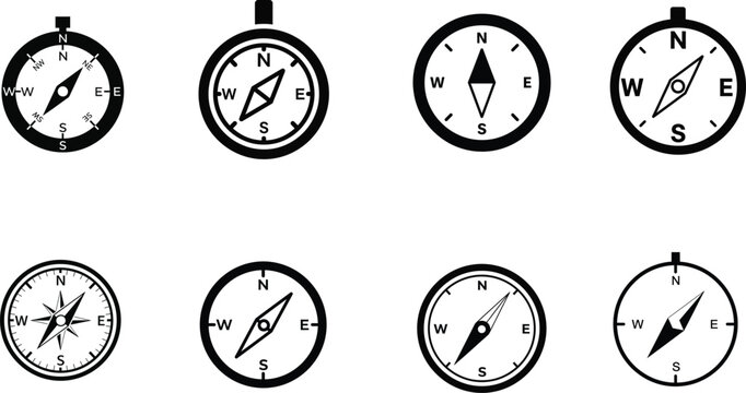 Collection of eight black and white compass icons isolated