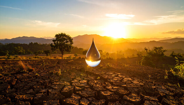  large water droplet shape over cracked dry earth texture