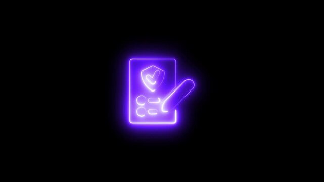 Neon Checkmark and Shield on Dark Background with Glowing Purple Outline