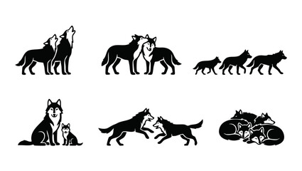 Fototapeta premium Wolf Silhouette Set Vector Collection, Black Animal Icons for Branding, Playful Wolves Playing and Howling Isolated on White Background for Wildlife Logo Design and Nature Conservation Graphic Project