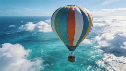 Fototapeta premium Afloat on a Dream: A vibrant hot air balloon soars gracefully above the expansive ocean, its colorful facade a cheerful contrast against the azure sky and fluffy white clouds. 