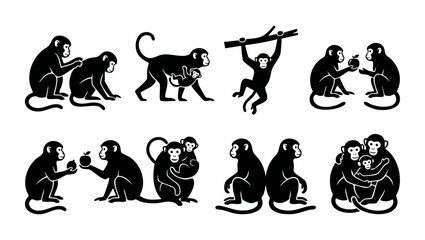 Monkey silhouettes vector set, diverse ape poses and group interaction icons. Flat black animal figures, primate behaviors, social monkey family, climbing, eating fruit and cuddling symbols for graphi © Fernando