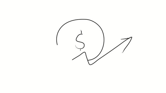 Income increase, profit growth, money. Contour drawing, silhouett animation. Continuous line. Isolated on white. Video 4k object illustration self-drawing. Object construction. Minimalist continuous l