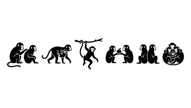 Monkey silhouettes collection set, cute primate icons in different poses, animal vector illustration, stylized jungle wildlife graphics for logo design, branding elements, flat black isolated characte