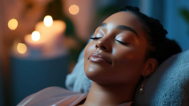 A plus-size woman relaxes at home in the evening. Soft lights glow around her as she takes time to unwind, feeling comfortable and content in her space