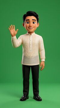 Cartoon Filipino Man Waving in Barong Tagalog on Green Screen.