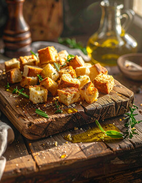 Repurposing stale leftover bread crusts by tossing them with rich olive oil for rustic croutons.