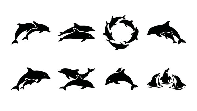 Dolphin silhouette icons set, black marine animal vector collection. Jumping dolphins, circle pattern, and mother with baby, minimalist flat design symbols for ocean wildlife logos and graphic assets.