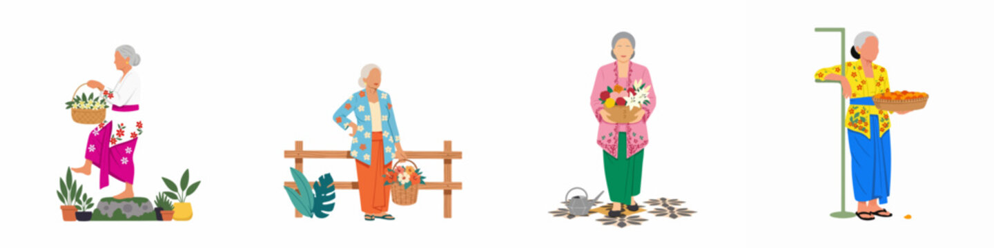 Set of illustrations featuring elderly Southeast Asian women in traditional kebaya outfits carrying baskets of flowers and fruit in garden settings.