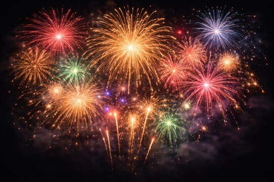 Vibrant explosion of colorful fireworks illuminating the dark night sky with dazzling bursts of light creating a festive and celebratory atmosphere perfect for holidays