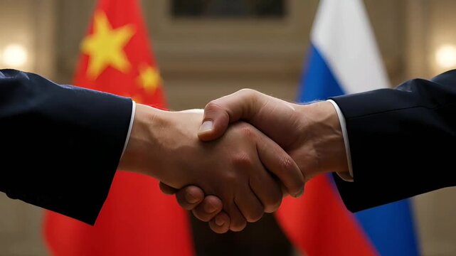 close up of a handshake between representatives of china and russia against the background of flags. conceptual image of strategic partnership, diplomatic alliance and strengthening ties.