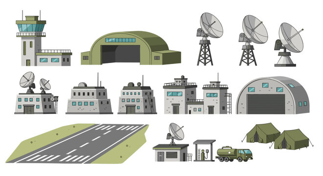 A collection of military infrastructure icons like satellite dishes, control towers, aircraft hangars, and supply tents arranged on a neutral light grey background surface.