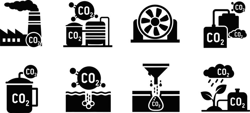 Industrial carbon capture and emission control icon set for environmental protection tasks.