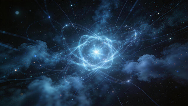 Atom structure in Dark: An artistic representation of an atom, with electrons orbiting a central nucleus, set against a dark, cosmic background. A visualization of science and innovation.