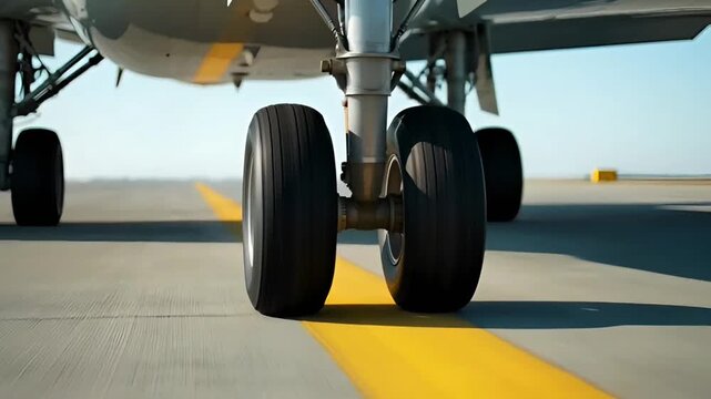 close up of aircraft landing gear touching down on asphalt runway with yellow markings and slight smoke