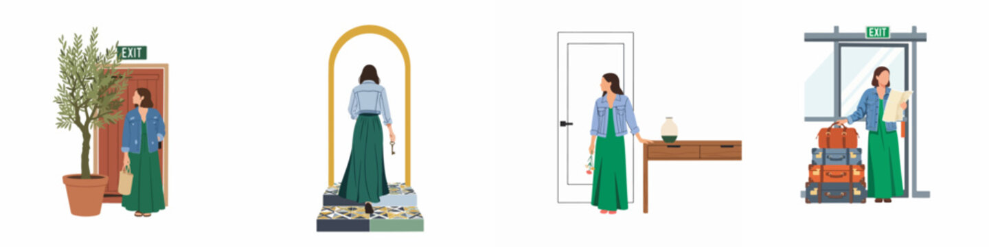 Vector illustrations of a woman at various doors and entrances, depicting travel, moving house, arrival at a hotel, and life transitions.