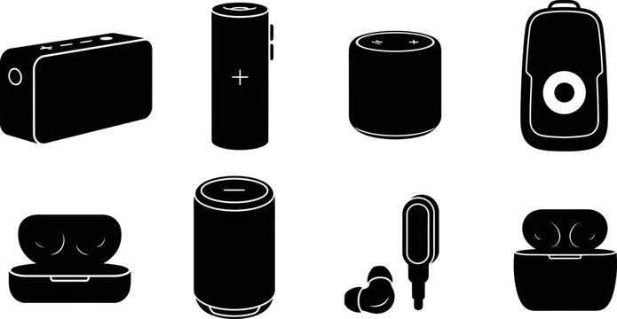 Bluetooth speaker and wireless earbuds icon collection for electronic gadgets presentation.