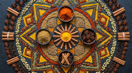 Obraz premium Colorful arrangement of various spices and herbs in bowls creating an intricate mandala pattern showcasing the beauty of natural ingredients in cooking and food preparation