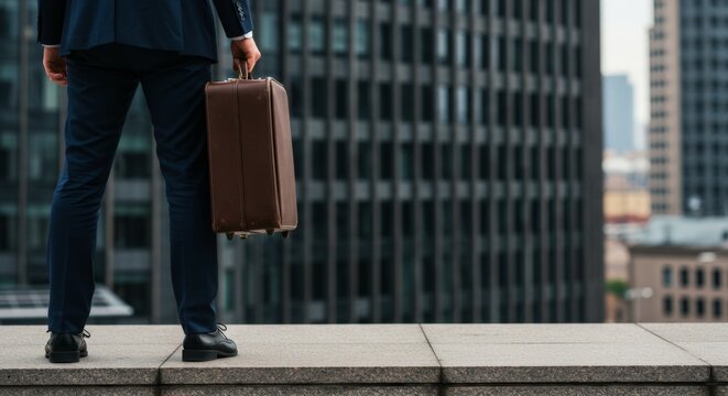 Business professional holding suitcase on rooftop edge overlooking city, concept of risk, career decision and ambition