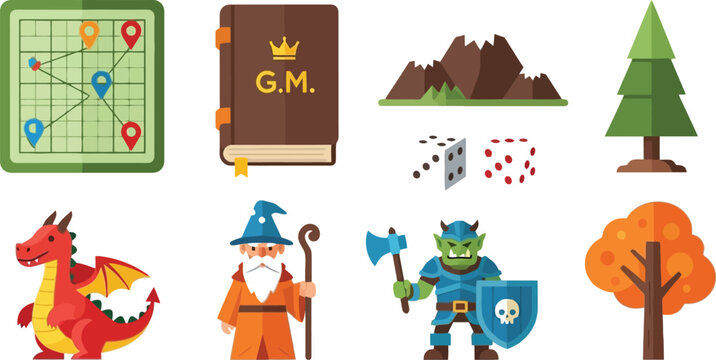 Fantasy game elements set map spell book dragon wizard orc and landscape icons cartoon vector illustration collection