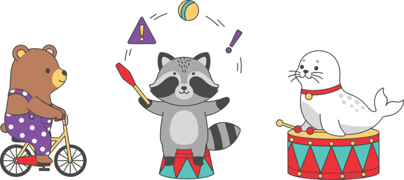 Circus animals set bear on bicycle raccoon juggler and seal on drum cartoon vector illustration collection