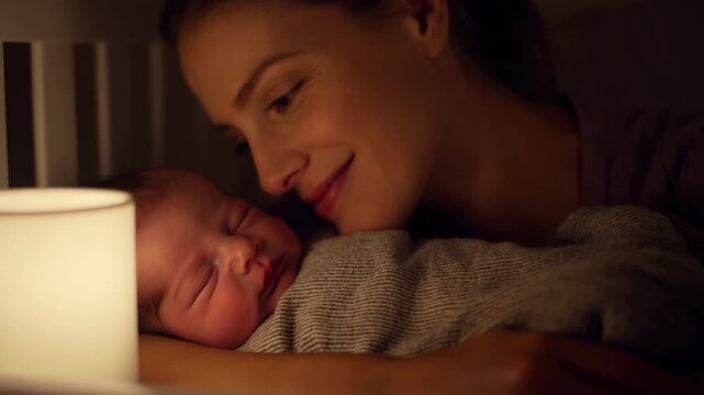 Mother Monitors Baby Under Soft Glow. Calm And Comforting Scene Of Mother Watching Over Sleeping Infant