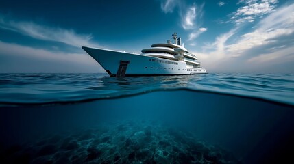 Naklejka premium A large white boat floating in the ocean under a cloudy sky