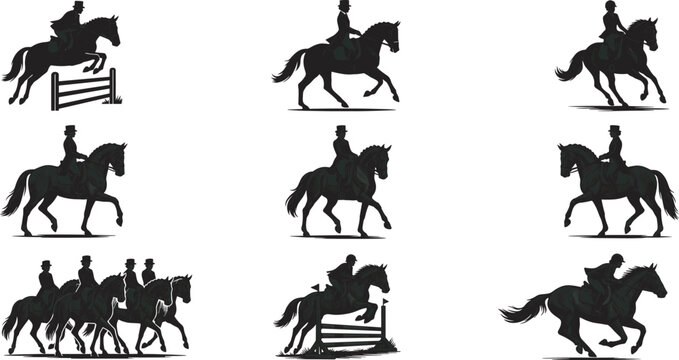 Black silhouette vector illustration of horse riders in equestrian poses including jumping, trotting, cantering,