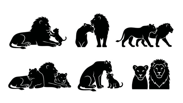 Lion family silhouette set, majestic lion pride with cubs, mother lioness and father lion animals icons, isolated vector illustration collection for wildlife graphic design, nature and zoo concept art