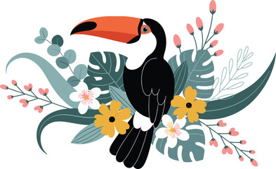 Naklejka premium Colorful illustration of a toucan bird perched among tropical flowers and lush greenery in a vibrant jungle setting