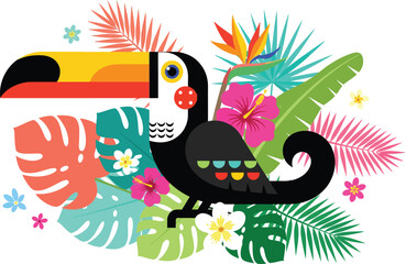 Naklejka premium Colorful illustration of a toucan bird surrounded by tropical leaves and flowers in a vibrant jungle setting with bright colors