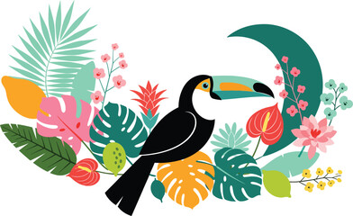 Naklejka premium Colorful illustration of a toucan bird surrounded by tropical leaves and flowers in a vibrant jungle setting with exotic plants