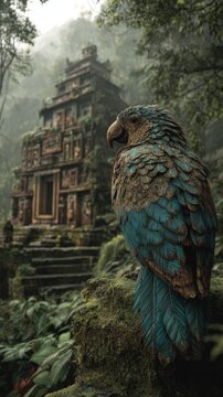 Maya Aztec civilization, Mexico culture. Mysterious, fantasy. A vivid portrayal of a majestic bird, likely a parrot, perched on a mosscovered rock. The birds feathers are intricately detailed.