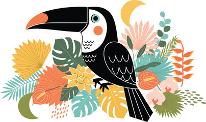 Naklejka premium Colorful illustration of a tropical toucan bird surrounded by lush foliage and exotic leaves in a vibrant jungle setting