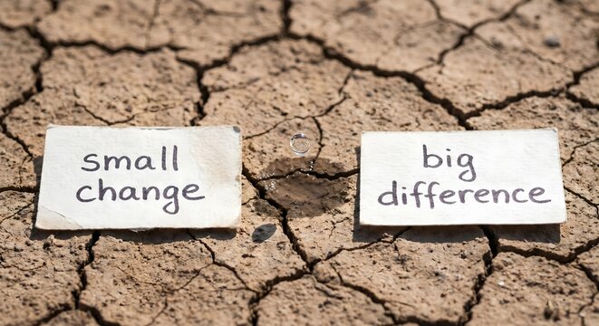 Two small white cards on dry, cracked earth, one reads 'small change' and other 'big difference', with a single water drop symbolizing impact of tiny actions.