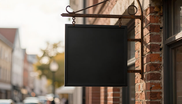 Empty Black Sign Hanging from Iron Bracket: Shop Identity Mockup