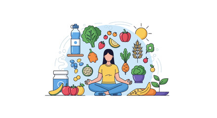 Fototapeta premium Woman meditates peacefully surrounded by various healthy foods and drinks indoors
