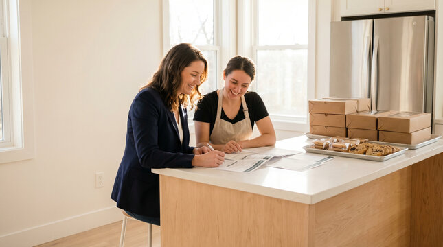 Micro loan program officer meeting with young baker in her small home kitchen, financial literacy worksheet on counter, trays of packaged go