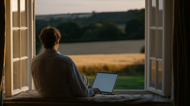 Rural school administrator participating in national four-day remote work trial, fiber internet router newly installed beside vintage schoolhouse window, wheat fields glowing in late June evening li