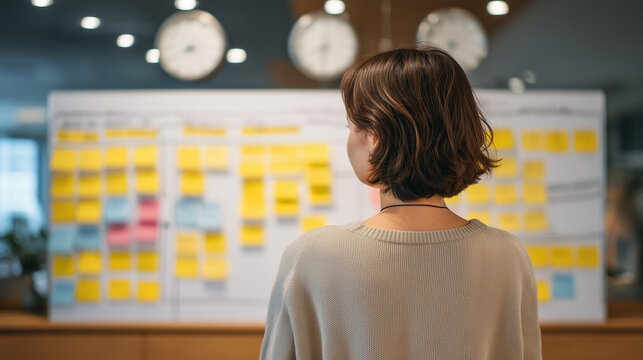 Remote UX team annotating digital whiteboard wireframes during distributed sprint planning session, sticky note clusters color-coded by sprint milestone, multiple time zone clocks visible on shared 