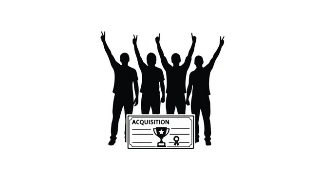 Silhouette of four people standing on acquisition sign with arms raised in celebration and success on white background
