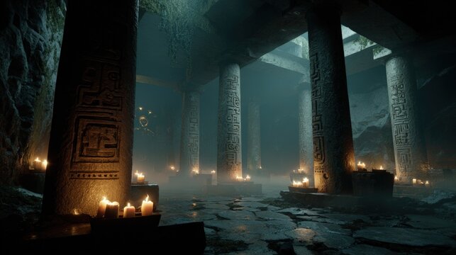 Maya Aztec civilization, Mexico culture. Mysterious, fantasy. A moody, atmospheric portrayal of an ancient temple or shrine. The main subject is a series of tall, intricately carved stone pillars.