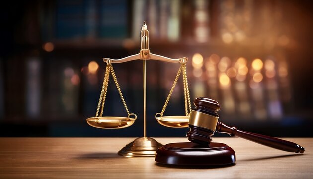 scales of justice and gavel on a wooden table representing law fairness and courtroom authority