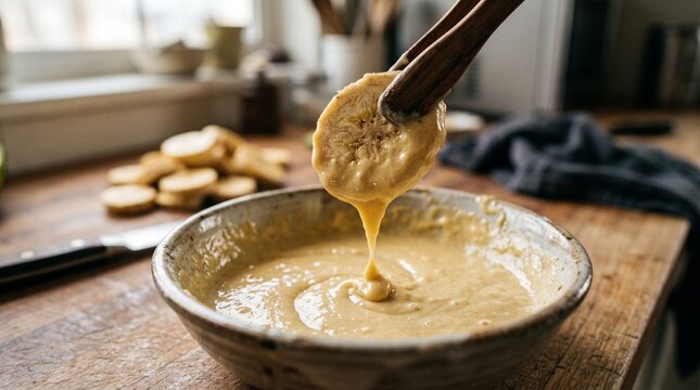 Raw plantain slices being dipped in batter, Caribbean street‑food prep